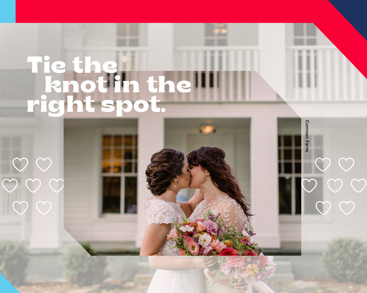 A couple kissing on their wedding day. A headline reads: Tie the knot in the right spot.